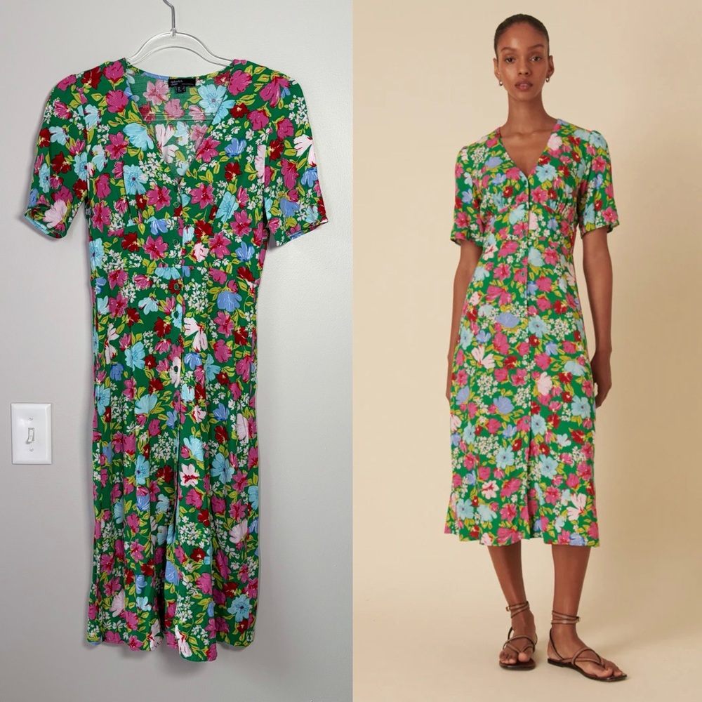 nobody’s child Green Floral Alexa Short Sleeve Button Down Midi Dress
